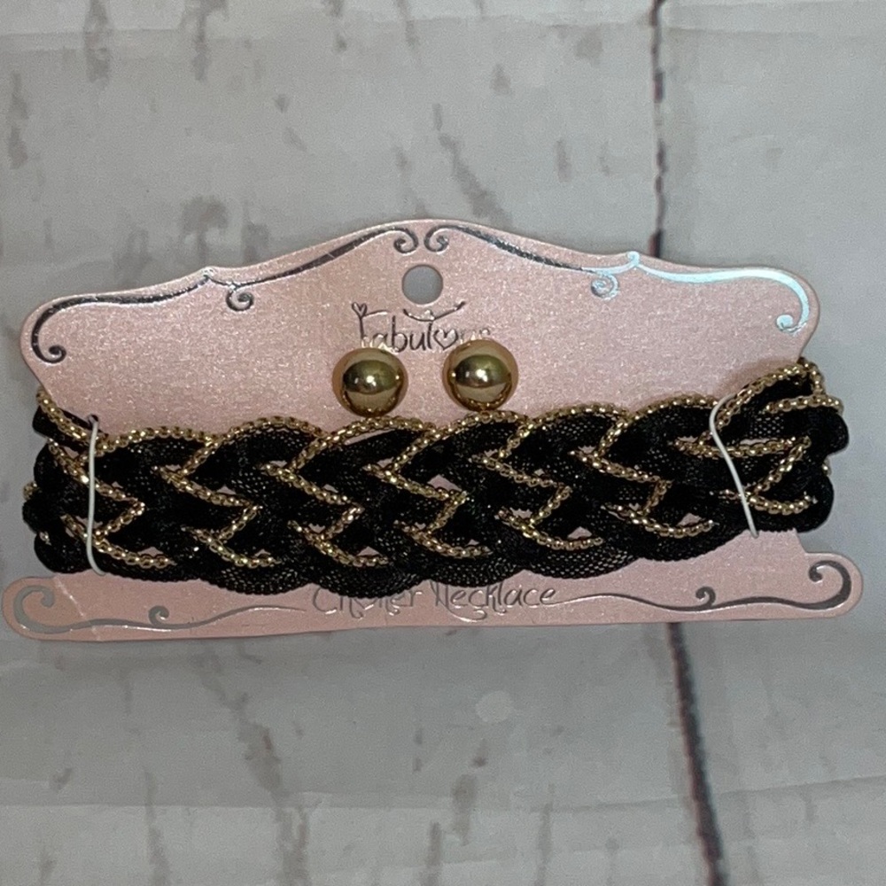 Mika Heavy Braided Metal Mesh Choker Necklace Set Black Gold